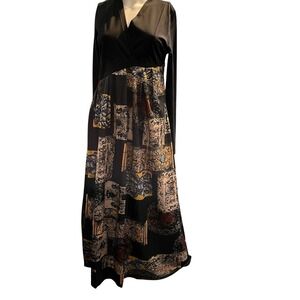 Just Addict Paris Dress Black Jersey Knit Scroll Print Maxi S Travel Vacation